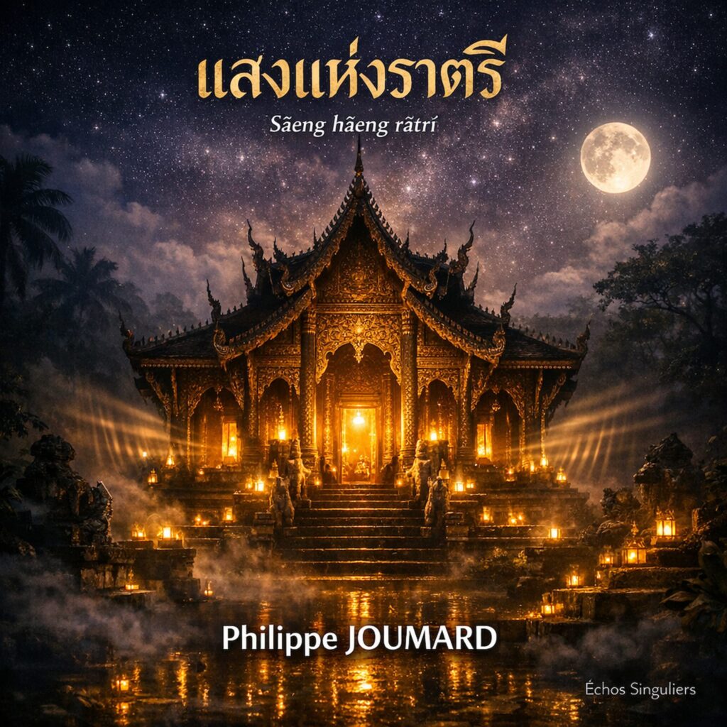 Official artwork of the single Saeng haeng rātri by electronic producer Philippe JOUMARD, featuring a majestic illuminated Thai temple at night under a full moon.