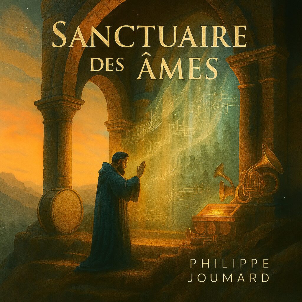 Official artwork of the single Sanctuaire des Âmes by electronic producer Philippe JOUMARD, featuring a monk praying under stone arches with a glowing organ and musical staves.