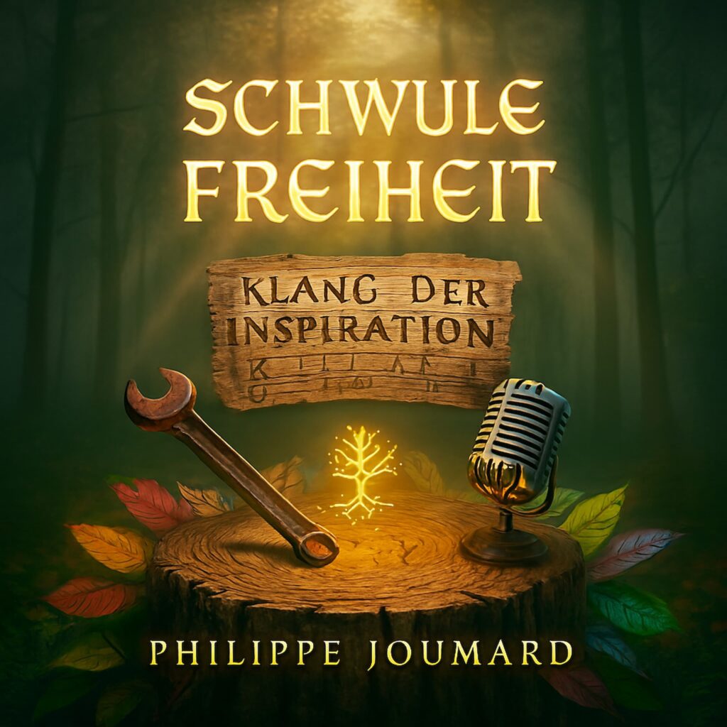 Official artwork of the single Schwule Freiheit Klang der Inspiration by electronic producer Philippe JOUMARD, featuring a wrench, a vintage microphone, and a glowing tree of life on a tree stump in a misty forest.