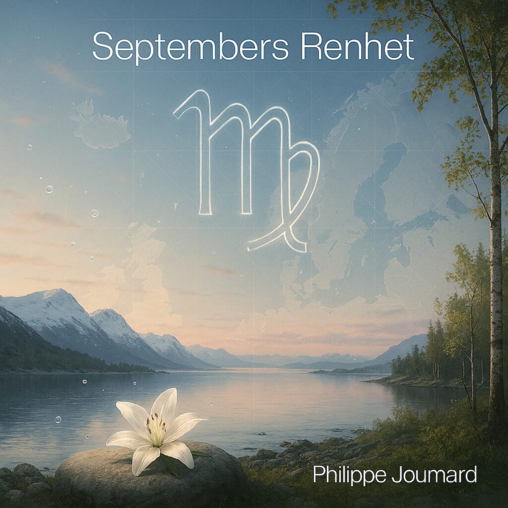 Official artwork of the single Septembers Renhet Swedish Version by electronic producer Philippe JOUMARD, featuring a white lily on a stone near a lake under the Virgo constellation.