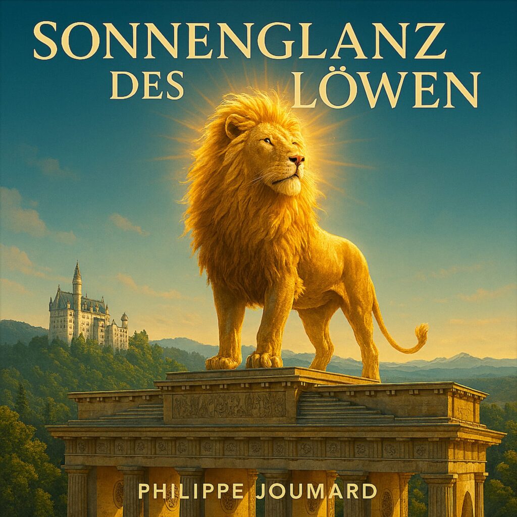 Official artwork of the single Sonnenglanz des Löwen by electronic producer Philippe JOUMARD, featuring a majestic golden lion standing on top of the Brandenburg Gate.