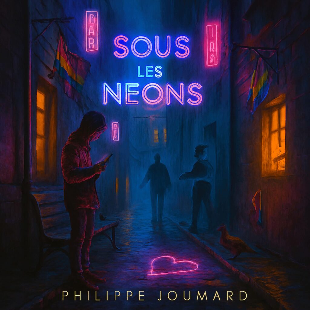 Official artwork of the single Sous les Néons by electronic producer Philippe JOUMARD, featuring a man standing in a dark alley under glowing pink neon signs with pride flags.