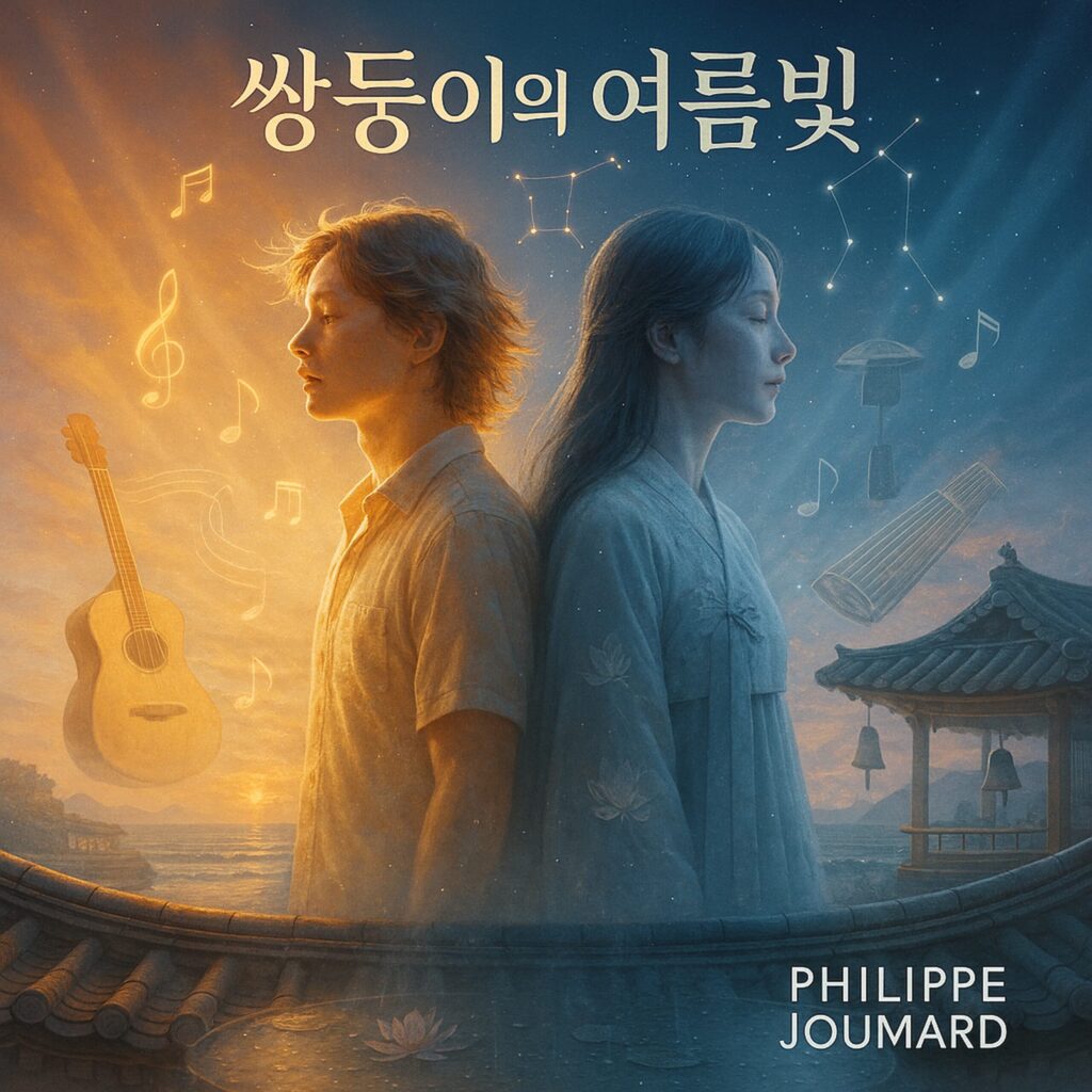 Official artwork of the single Ssangduingi-ui Yeoreumbit Korean Version by electronic producer Philippe JOUMARD, featuring a man and a woman standing back-to-back under the Gemini constellation.