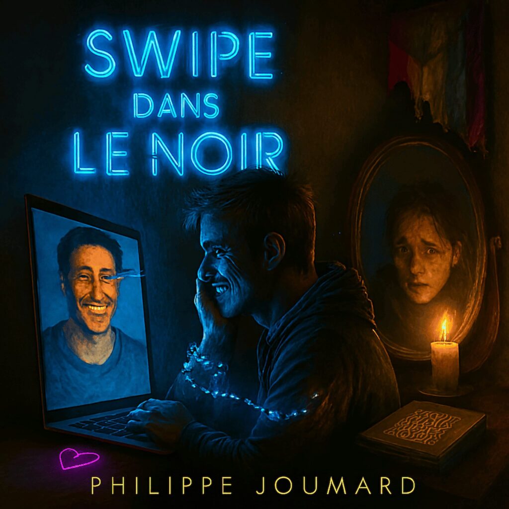 Official artwork of the single Swipe dans le noir by electronic producer Philippe JOUMARD, featuring a man video chatting on a laptop under a blue neon sign next to a candlelit mirror reflection.