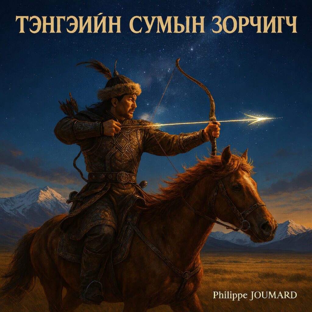 Official artwork of the single Tengeriin Sumyn Zorchigch Mongolian Version by electronic producer Philippe JOUMARD, featuring a Mongolian warrior archer riding a horse and aiming a glowing arrow under a starry sky.