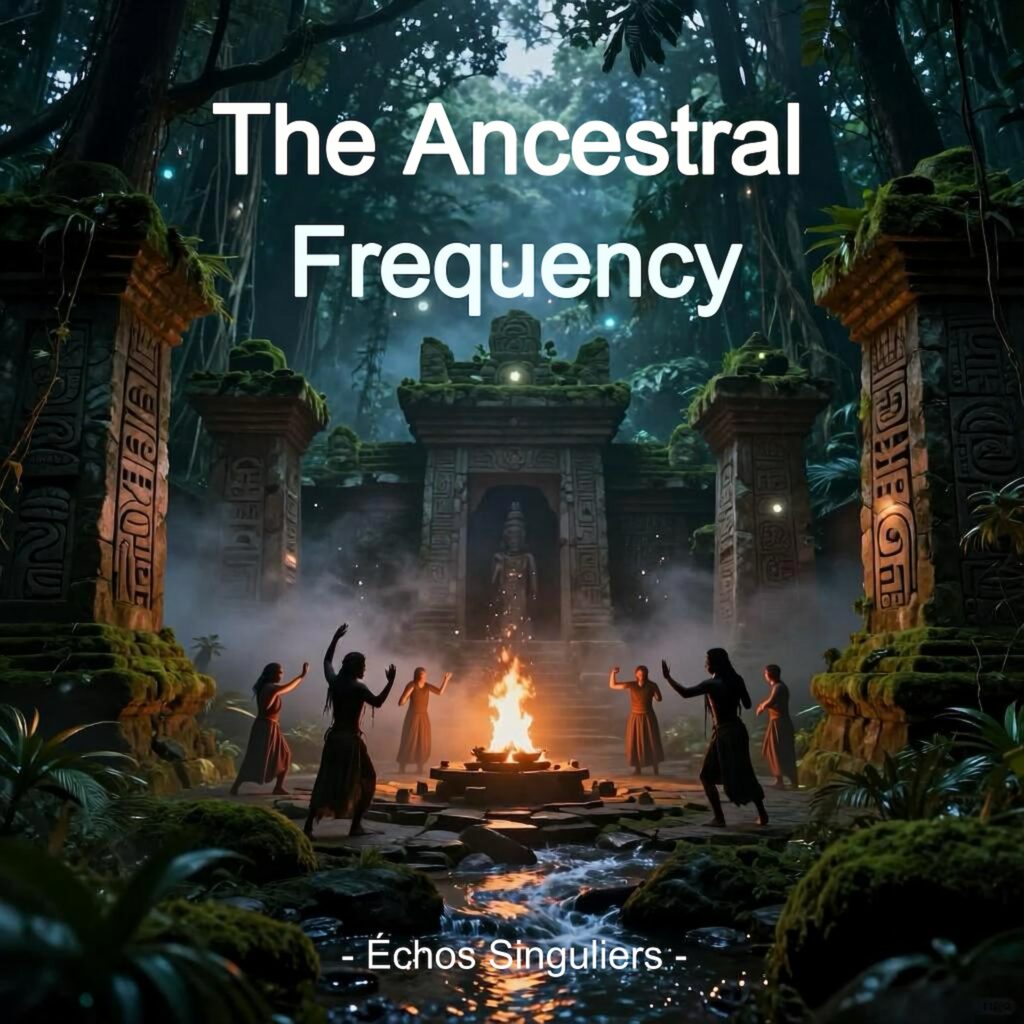 Official artwork of the single The Ancestral Frequency by electronic producer Philippe JOUMARD, featuring a ritual dance around a campfire in front of ancient temple ruins in a jungle.
