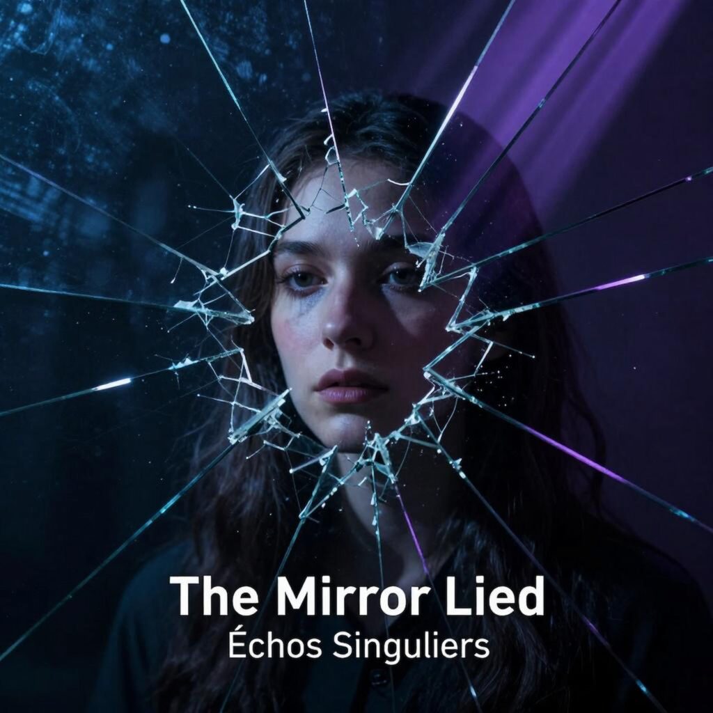 Official artwork of the single The Mirror Lied by electronic producer Philippe JOUMARD, featuring a sad young woman looking through a shattered glass mirror with a purple light reflection.