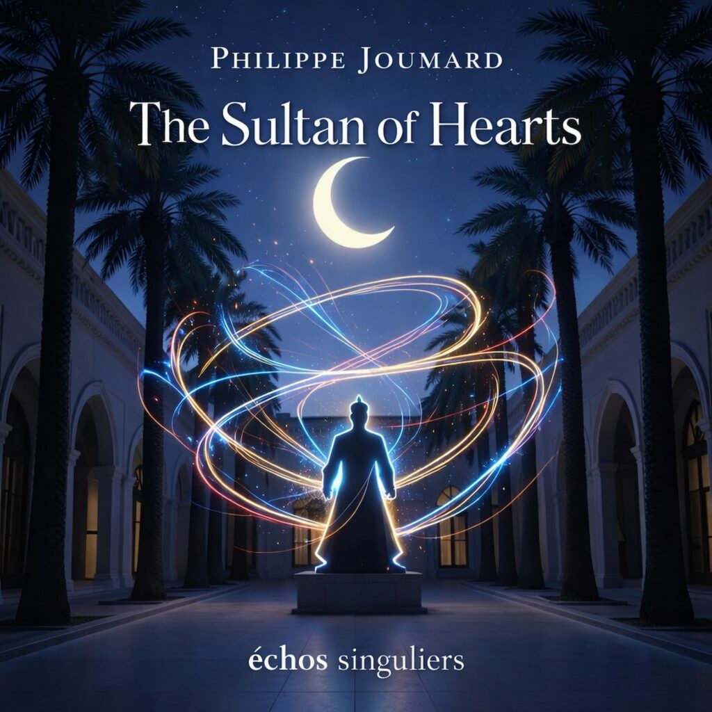 Official artwork of the single The Sultan of Hearts by electronic producer Philippe JOUMARD, featuring a sultan statue surrounded by glowing light trails under a crescent moon.