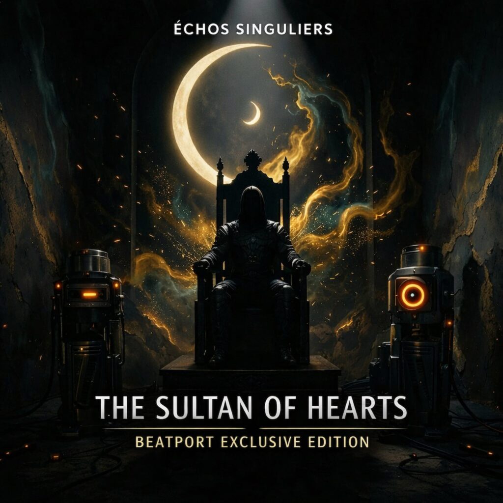 Official artwork of the single The Sultan of Hearts Beatport Exclusive Edition by electronic producer Philippe JOUMARD, featuring a dark hooded figure on a throne under a crescent moon with studio equipment.