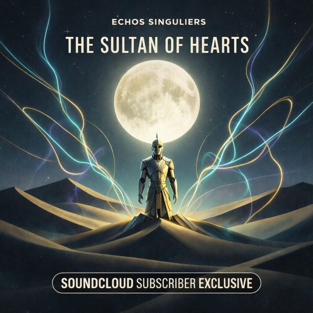 Official artwork of the single The Sultan of Hearts SoundCloud Subscriber Exclusive by electronic producer Philippe JOUMARD, featuring a warrior in golden armor standing in desert dunes under a large full moon.