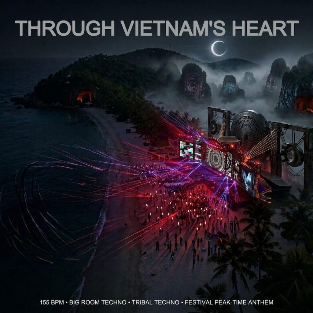 Official artwork of the single Through Vietnam's Heart by electronic producer Philippe JOUMARD, featuring an epic beach festival stage with red lasers next to karst mountains at night.