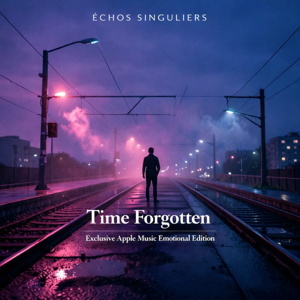 Official artwork of the single Time Forgotten Exclusive Apple Music Emotional Edition by electronic producer Philippe JOUMARD, featuring a man silhouette walking on wet train tracks at night under a purple haze.