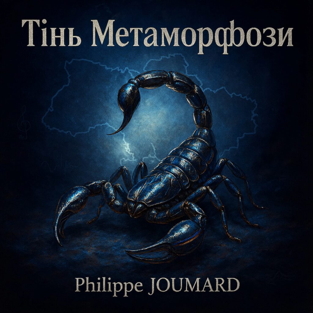 Official artwork of the single Tin Metamorfozy Ukrainian Version by electronic producer Philippe JOUMARD, featuring a large metallic scorpion with a glowing stinger over a map of Ukraine with lightning.