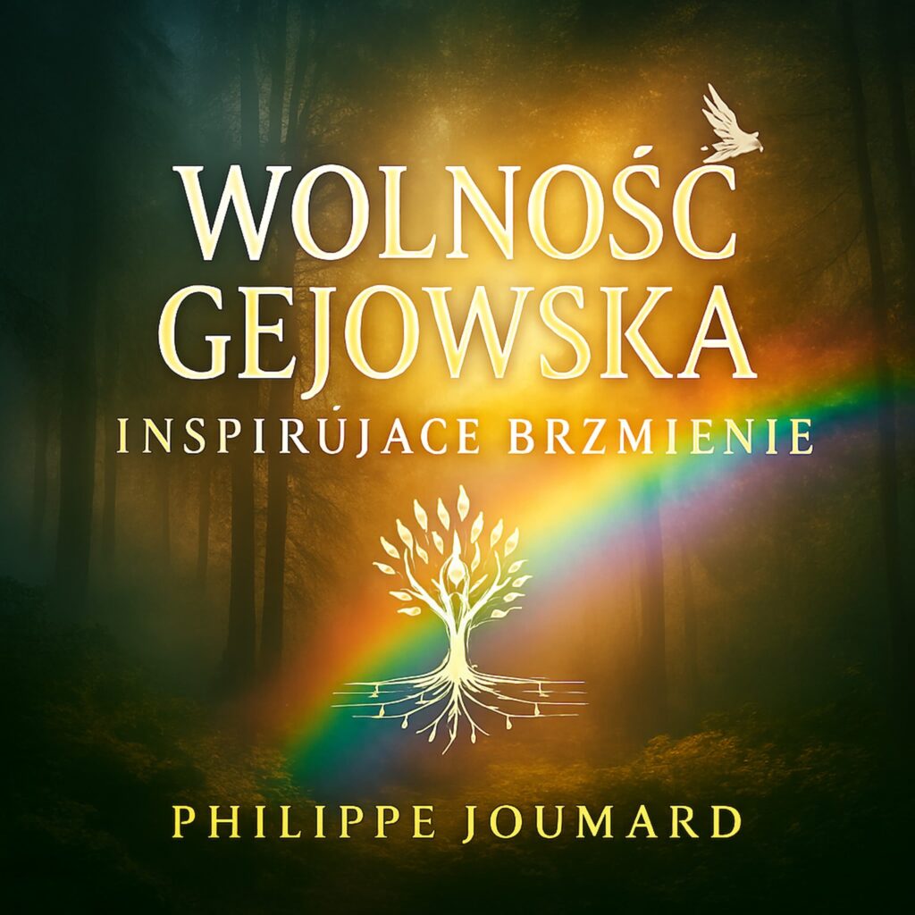 Official artwork of the single Wolność Gejowska Inspirujące Brzmienie by electronic producer Philippe JOUMARD, featuring a white tree of life with musical roots, a rainbow, and a flying dove in a misty forest.