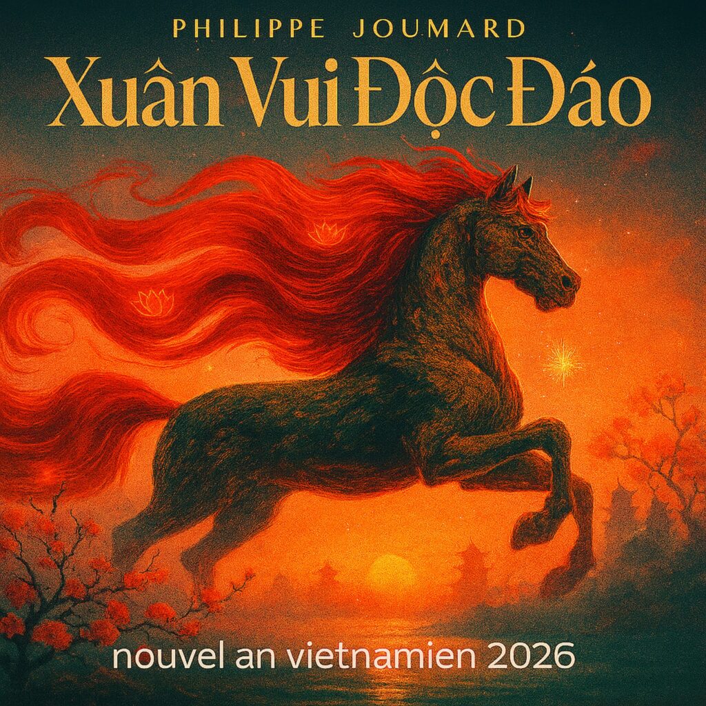 Official artwork of the single Xuân Vui Độc Đáo Nouvel An Vietnamien 2026 by electronic producer Philippe JOUMARD, featuring a majestic horse with a flowing red mane at sunset.